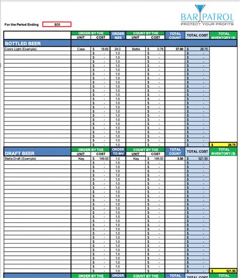 Advanced Bar Inventory Template