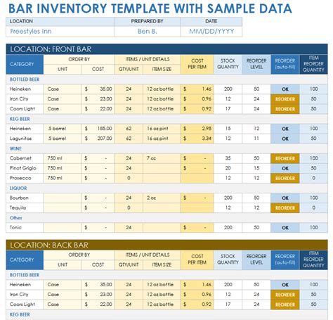 Bar Inventory Template with Formulas