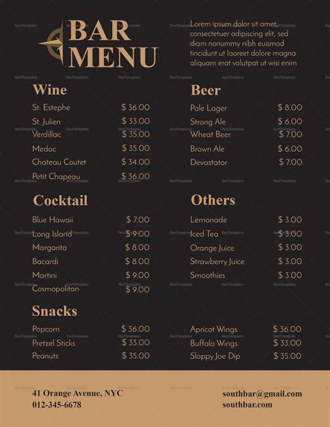 Bar Menu Design Example