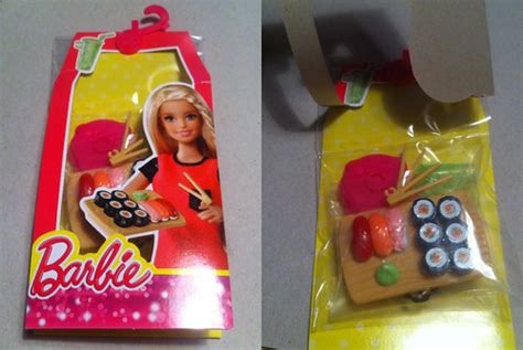 A miniature sushi set with Barbie dolls