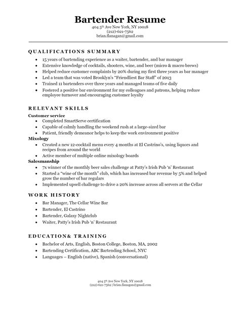 Bartender CV Template Word Download Free