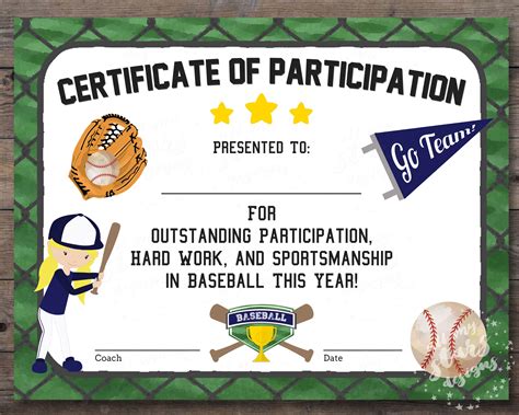 Baseball Certificate of Participation Template