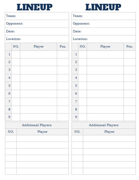 Baseball Lineup Card Printable