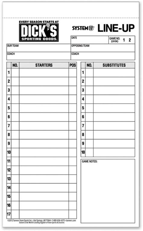 Baseball Lineup Card Sample