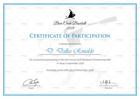 Baseball Participation Certificates