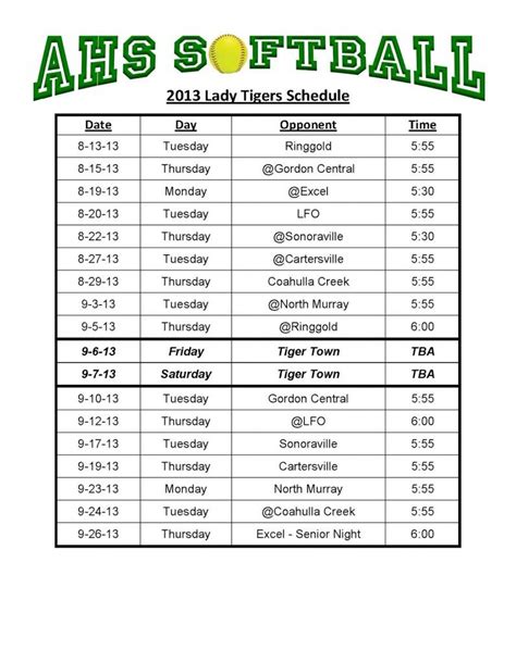 Baseball Schedule Template Example 4