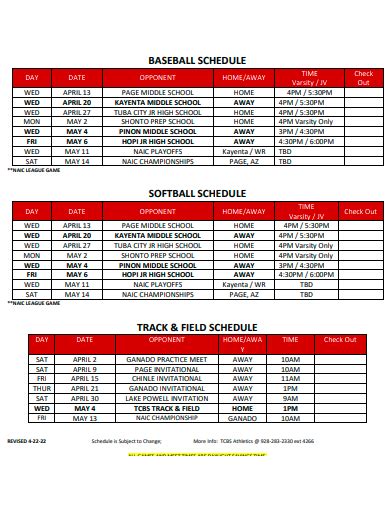 Baseball Schedule Template Example