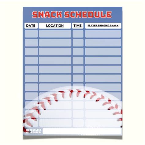 Baseball Snack Schedule Template Example