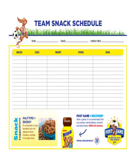 Baseball Snack Schedule Template PDF