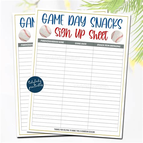 Baseball snack sign up sheets