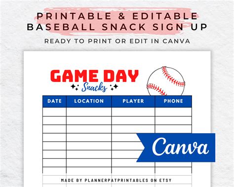 Baseball snack sign-up sheet template