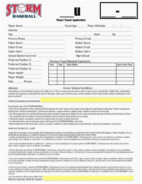 Baseball Tryout Registration Form Printable