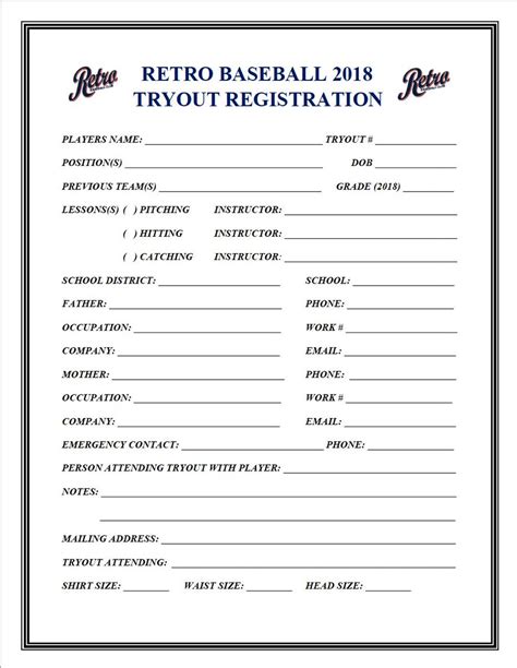 Baseball tryout registration form template example