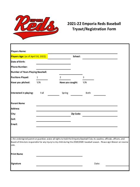 Baseball tryout registration form template example 3