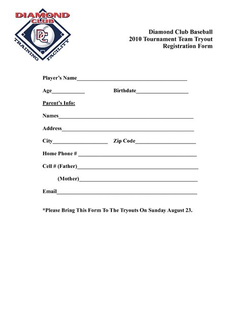 Baseball tryout registration form template example 8