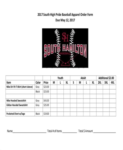 Baseball Uniform Order Form Template Example