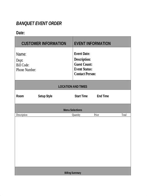 Basic Banquet Event Order Template