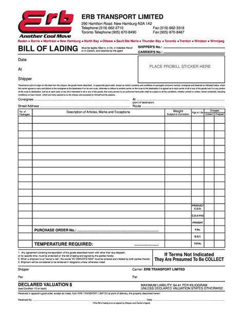 Basic Bill of Lading Template