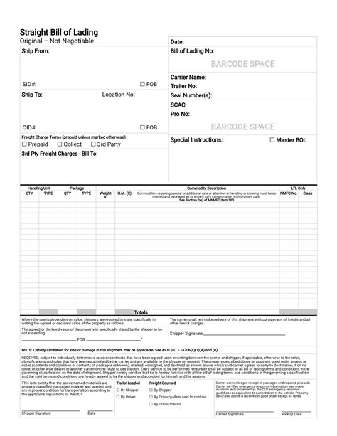 A screenshot of a basic Bill of Lading template