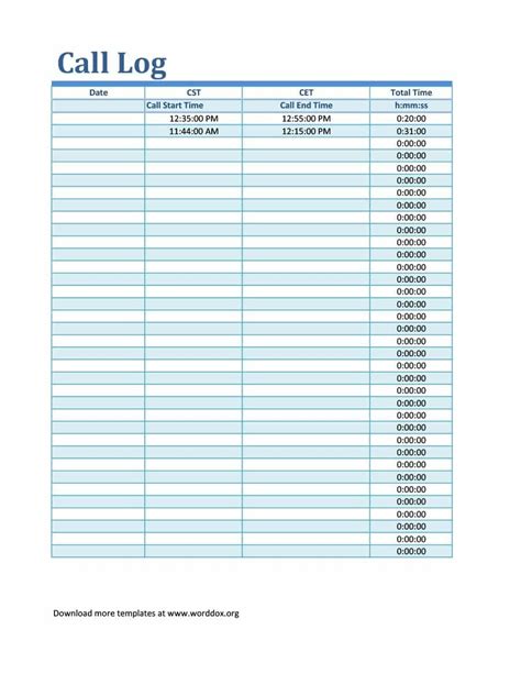 Basic Call Log Template