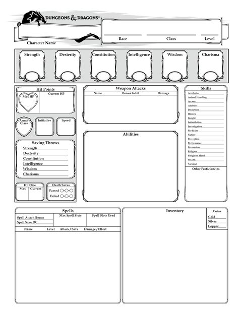 A basic character sheet for 5e D&D