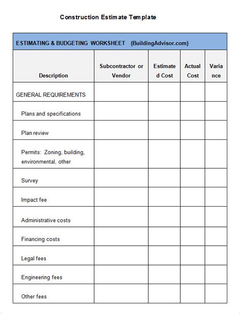 Basic Construction Estimate Template