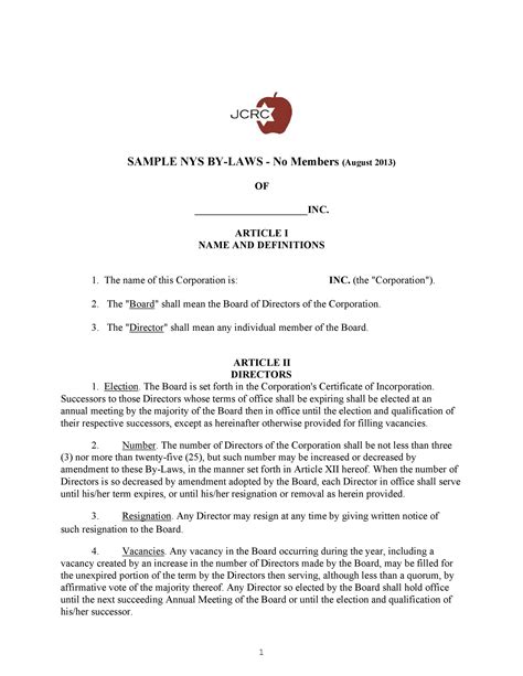 Basic Corporate Bylaws Template Sample