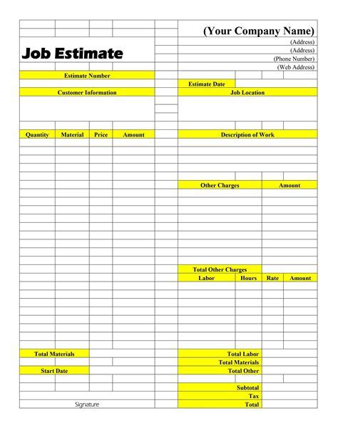 Basic estimate template