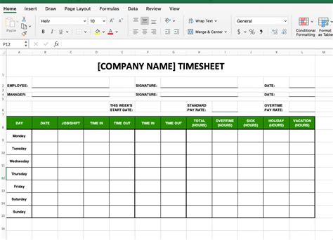 Basic Excel Timesheet Template