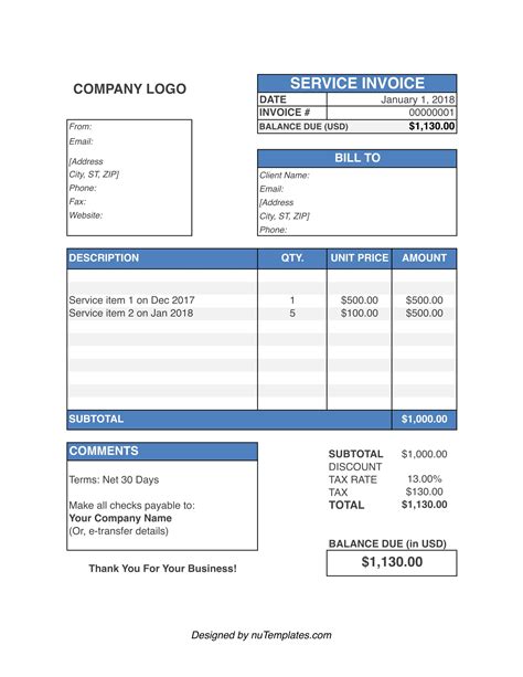 Basic HVAC service invoice template example