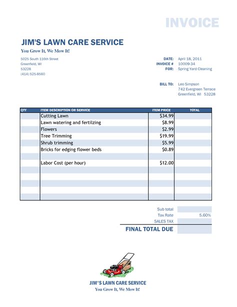 Basic Lawn Maintenance Invoice Template