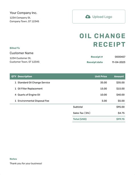 Basic Oil Change Receipt Template