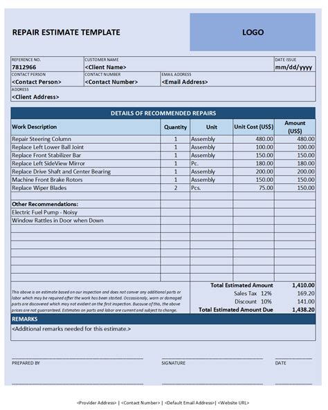 Basic Repair Estimate Template