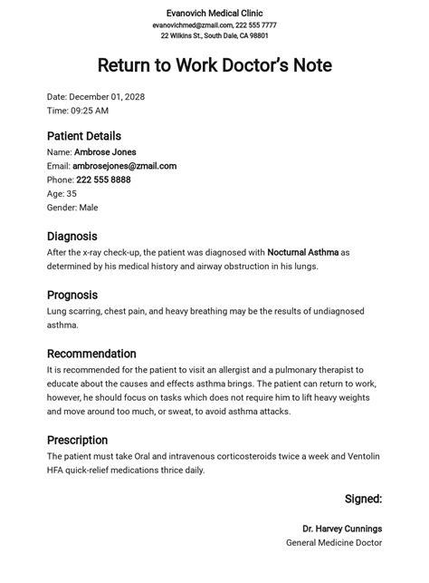 Basic return to work doctors note template