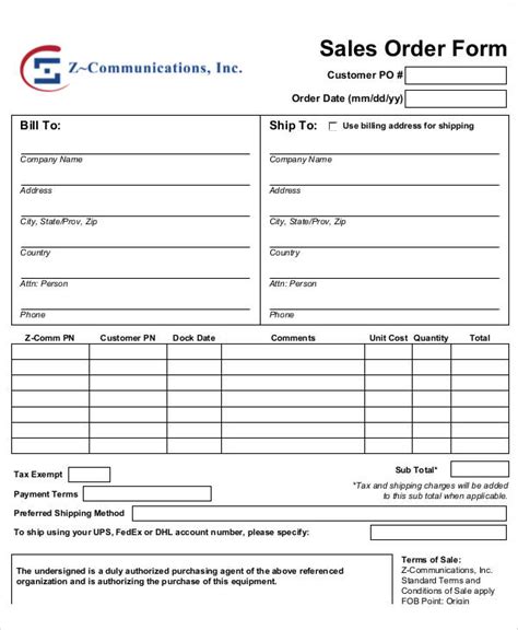 Basic Sales Order Form Template