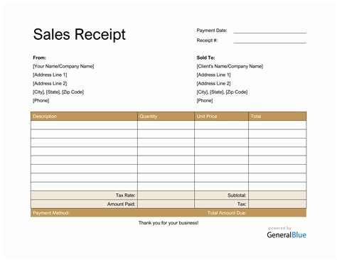 Basic sales receipt template in Microsoft Word