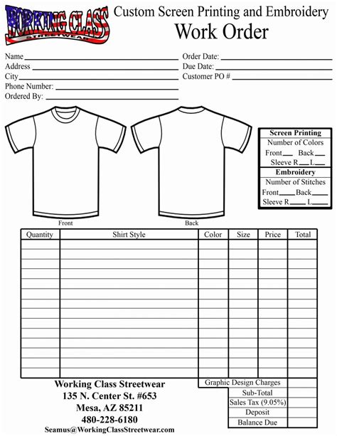 Basic T Shirt Printing Order Form