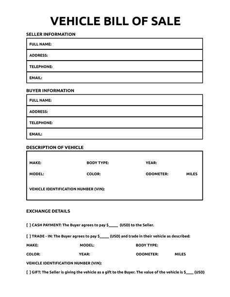 Basic Vehicle Bill of Sale Template