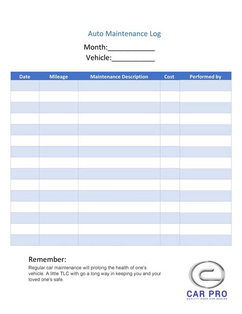 Basic Vehicle Maintenance Log Template