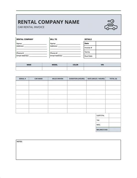 Basic Vehicle Rental Invoice Template