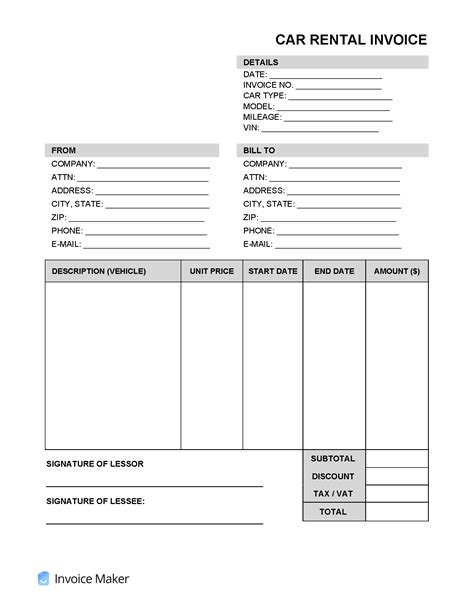 Basic Vehicle Rental Invoice Template