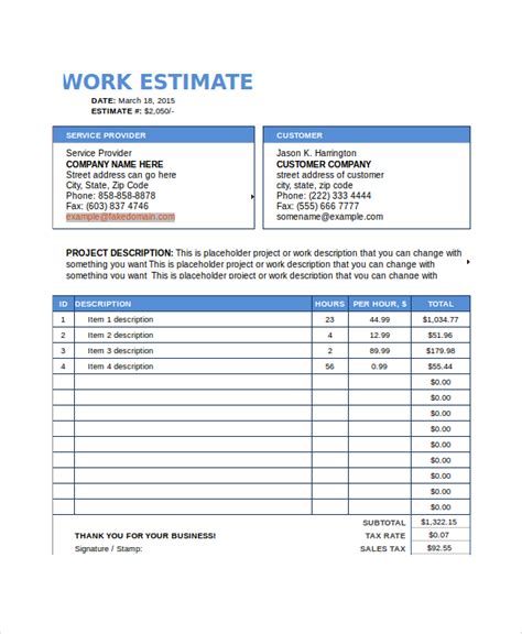 Basic Work Estimate Template in Word