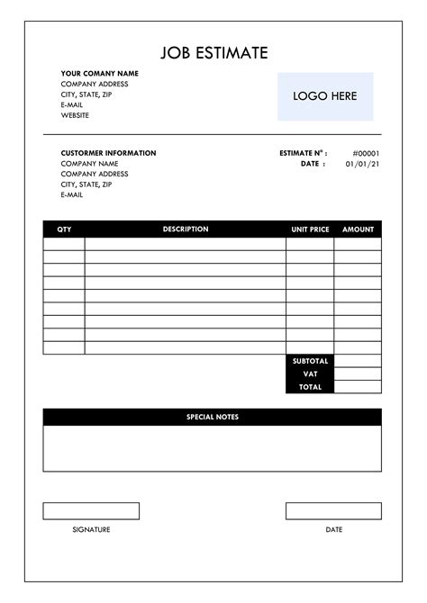 Basic Work Estimate Template in Word Sample