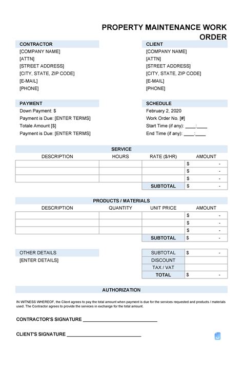 Basic Work Order Template in Excel