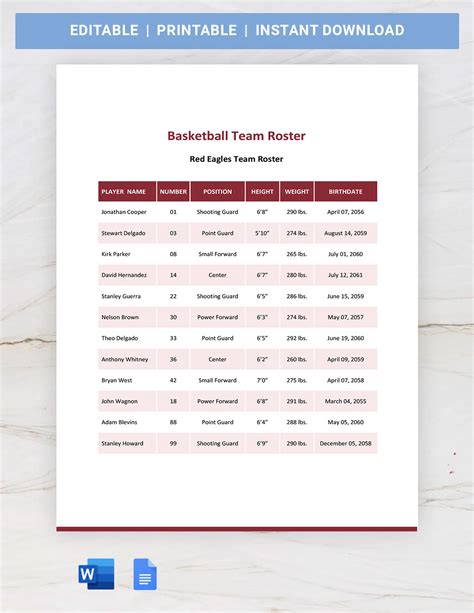 Basketball Roster Template Download