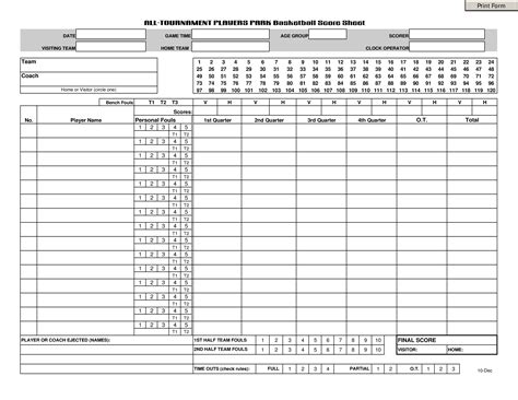 Basketball Score Sheet Printable Template