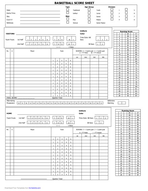 Blank basketball scorebook sheet