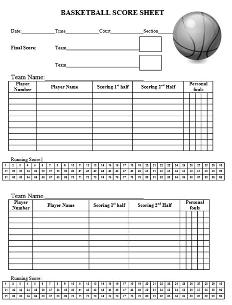 Free basketball scorebook sheet