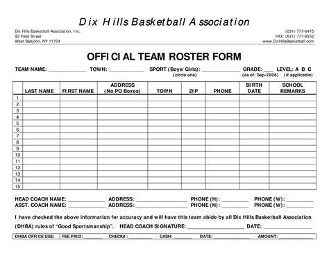 Basketball team roster template example