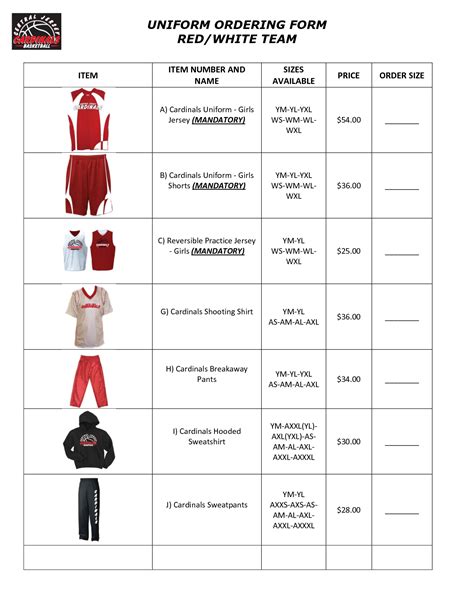 Basketball Uniform Order Form Template 1